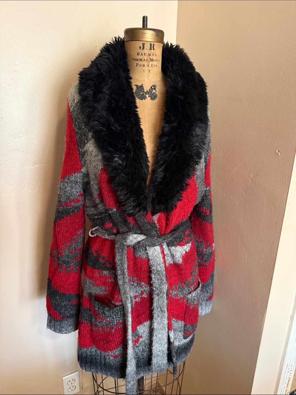 Lauren Ralph Lauren Southwestern Belted Faux Fur Shawl Collar Cardigan Sweater X